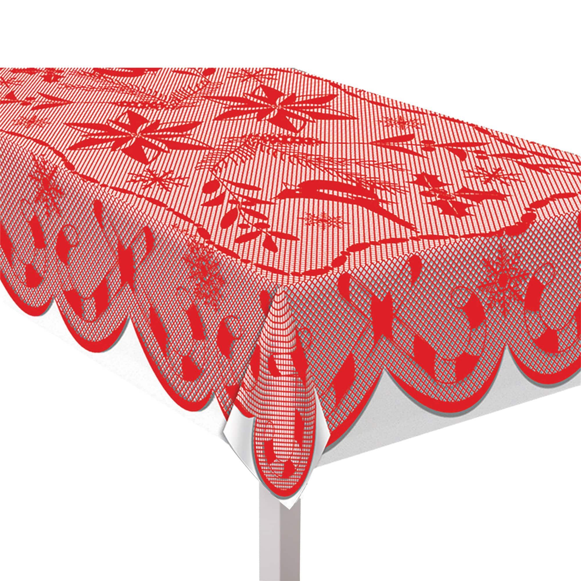 Red Lace Fabric Tablecover. 82in
