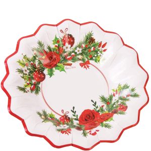 Christmas Floral 9 Shaped Paper Bowls. 8ct ?C Red Roses. Holly & Ornaments