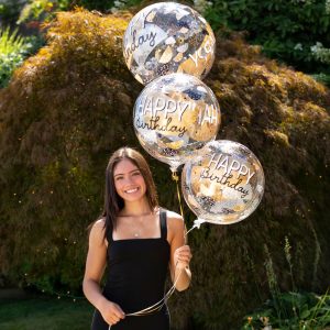 Happy Birthday Black. Silver & Gold Plastic Balloon. 18in - Clearz?