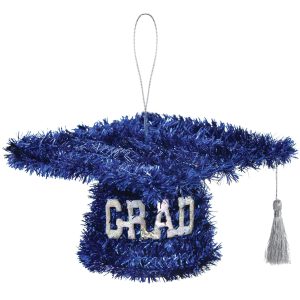Blue Graduate Cap Tinsel with Silver Tassel. 5x3in ??Hanging or Table Decoration