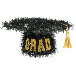Black Tinsel Graduate Cap with Gold Tassel. 4.5in x 8.5in ??GRAD Table Decoration